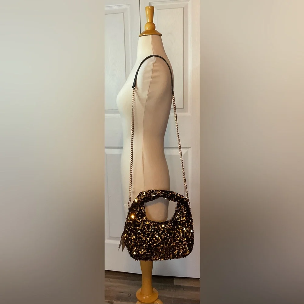 Bestini Paris Black Gold Sequin‎ Recycled Cross Body Bag Purse New
